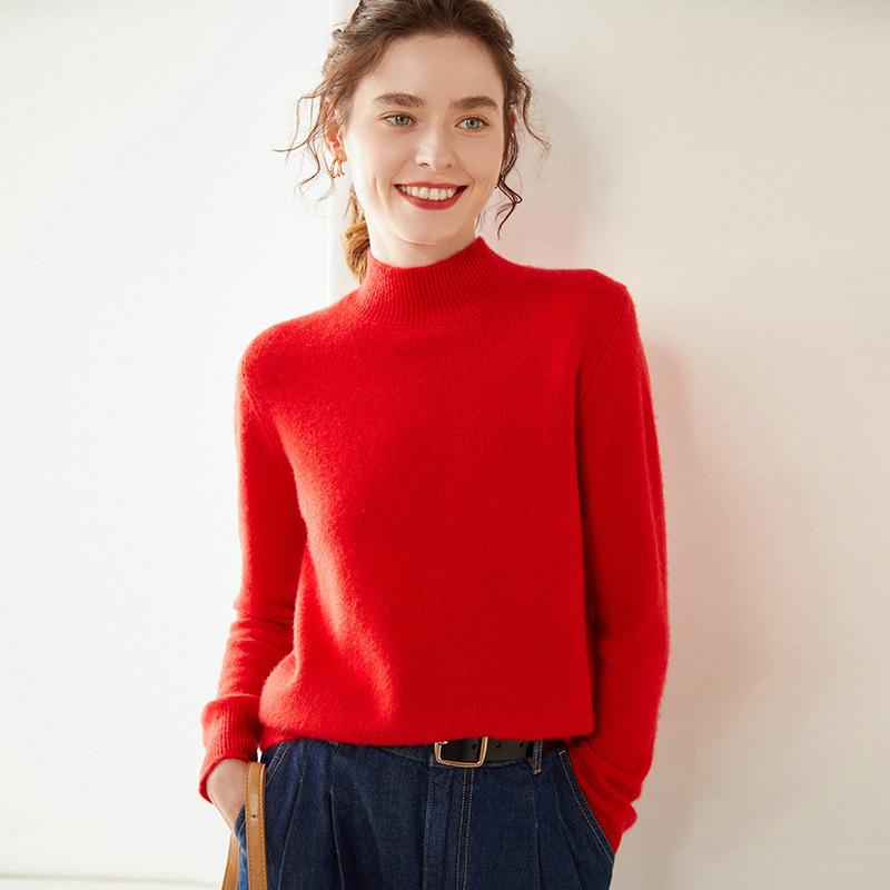 Women's Cashmere Half-High Collar Sweater: Autumn/Winter, Thick, Simple, Loose, Slimming Knitwear
