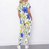 Women Plus Size Blue White Floral Printed Cutout Neck Short Sleeve Scrub Top With Pockets And Long Pants Set