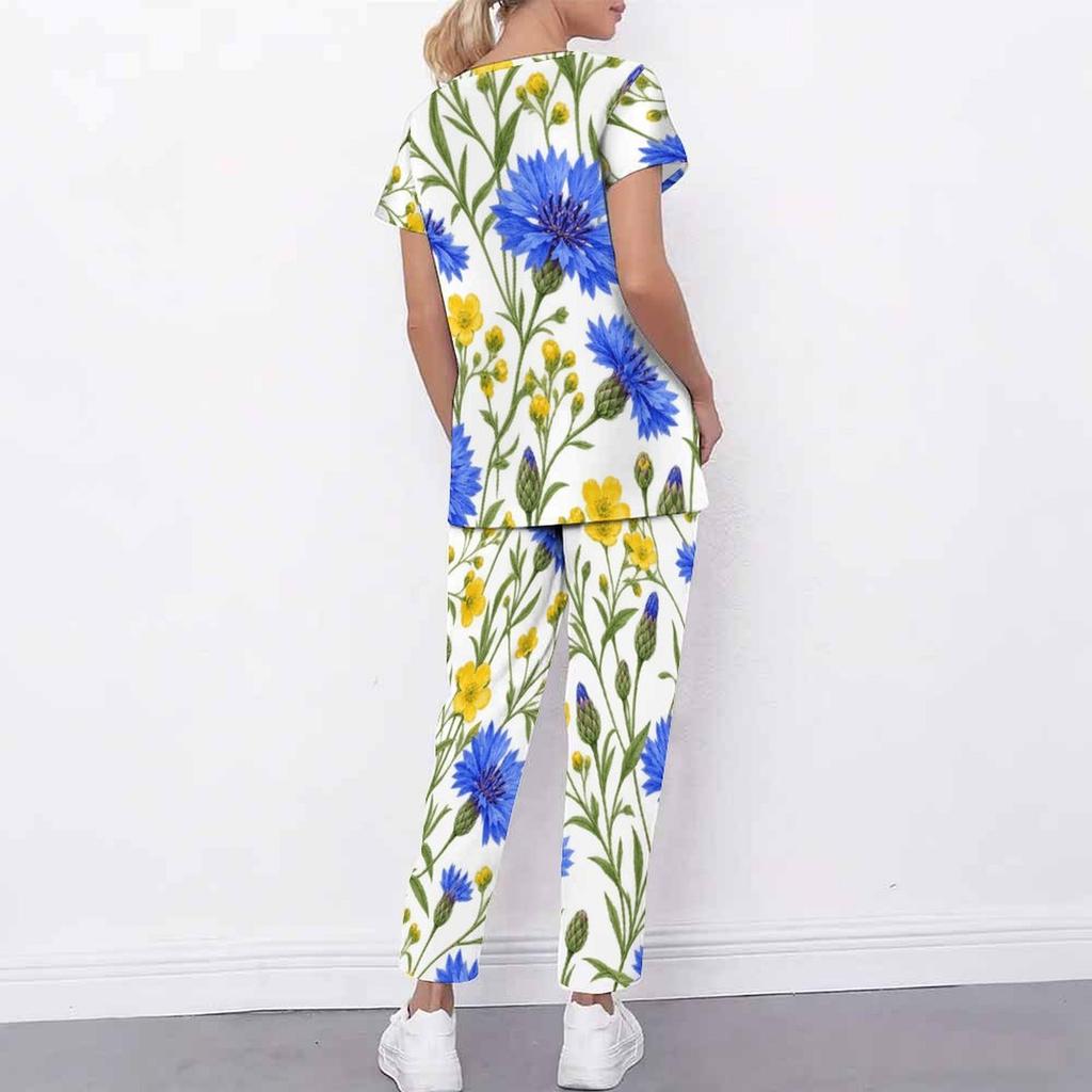 Women Plus Size Blue White Floral Printed Cutout Neck Short Sleeve Scrub Top With Pockets And Long Pants Set