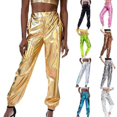 Pantaloni de trening sport strălucitori pentru femei, largi, cu elastic, pentru jogging, colanți elastici, casual, lungi, pentru club disco, petrecere, timp liber, confortabili
