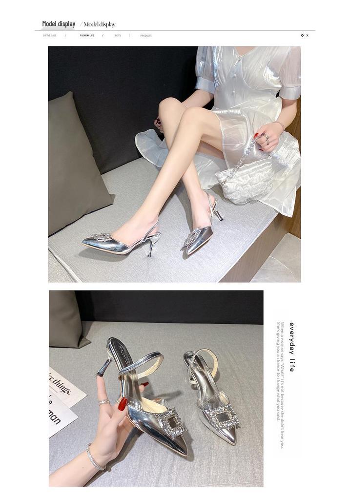 2023 Summer Rhinestone Stiletto Heels: Pointed Toe, Slip-on, Square Buckle, Closed-toe Sandals
