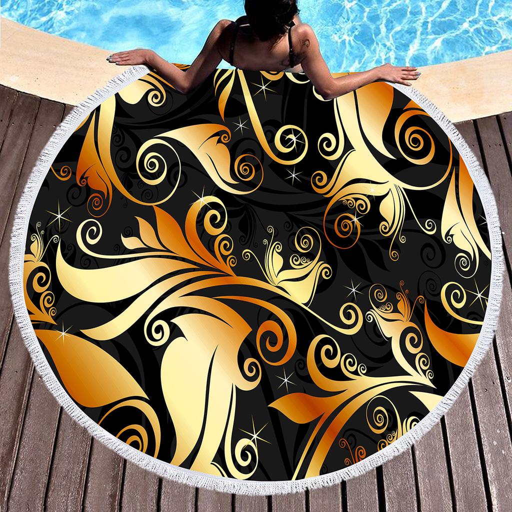 Luxury Gold Vintage Floral Round Beach Towel with Tassels, Microfiber Quick Dry Beach Blanket Absorbent Meditation Rug Yoga Mat