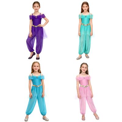 Kids Girls Arabian Princess Costume Rhinestone Adjustable Straps Sequins Decorative Waistband Mesh Overlay Long Pants With Built-in Briefs for Cosplay