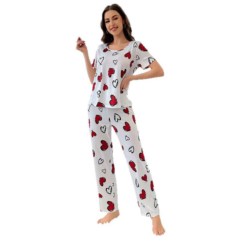 Women's Heart Print Silk Pajama Set - Short Sleeve Top & Long Pants