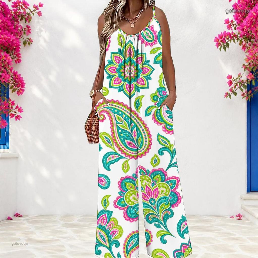 Women Plus Size Sleeveless Scoop Neck Gathered Front Floral Printed Wide Leg Jumpsuit With Pockets