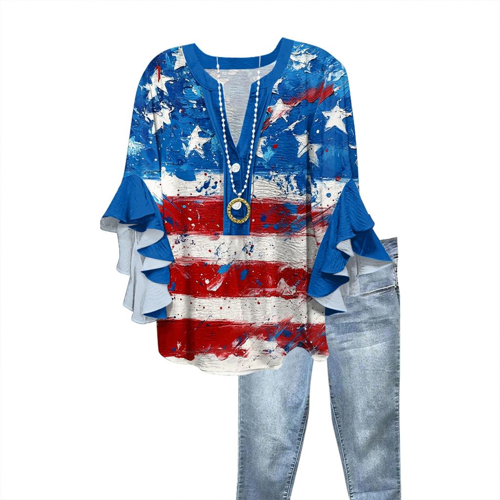 Summer Tops For Women Cute V Neck 3/4 Sleeve Blouses Print Top Casual Shirts