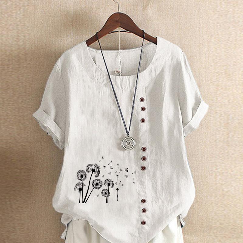 Women's Fashion Black Dandelion Prined Short Sleeve T-shirt Loose Cotton Shirt Casual Loose Summer Plus Size Blouse Tops