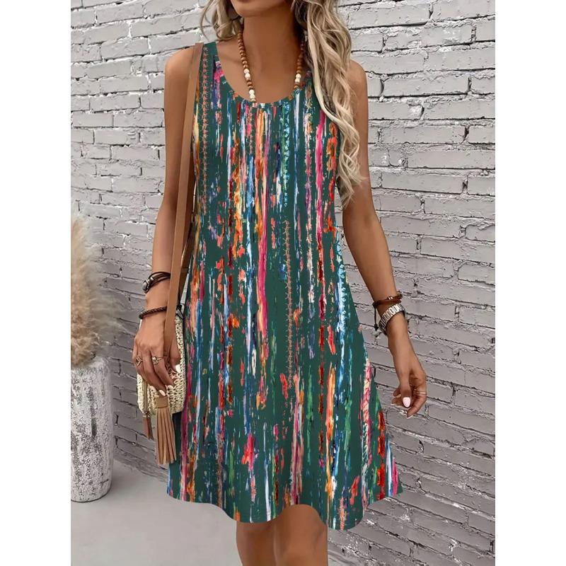 Printed Fashionable Casual Elegant Breathable Round Neck Vest Dress New Style Women's Casual Skirt Vacation Women's Sleeveless Midi Dress