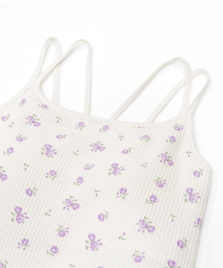 Pajama Set Waffle Flower Pattern Camisole Ruffle Shorts 3P Set Lavender [JE Morgan] &