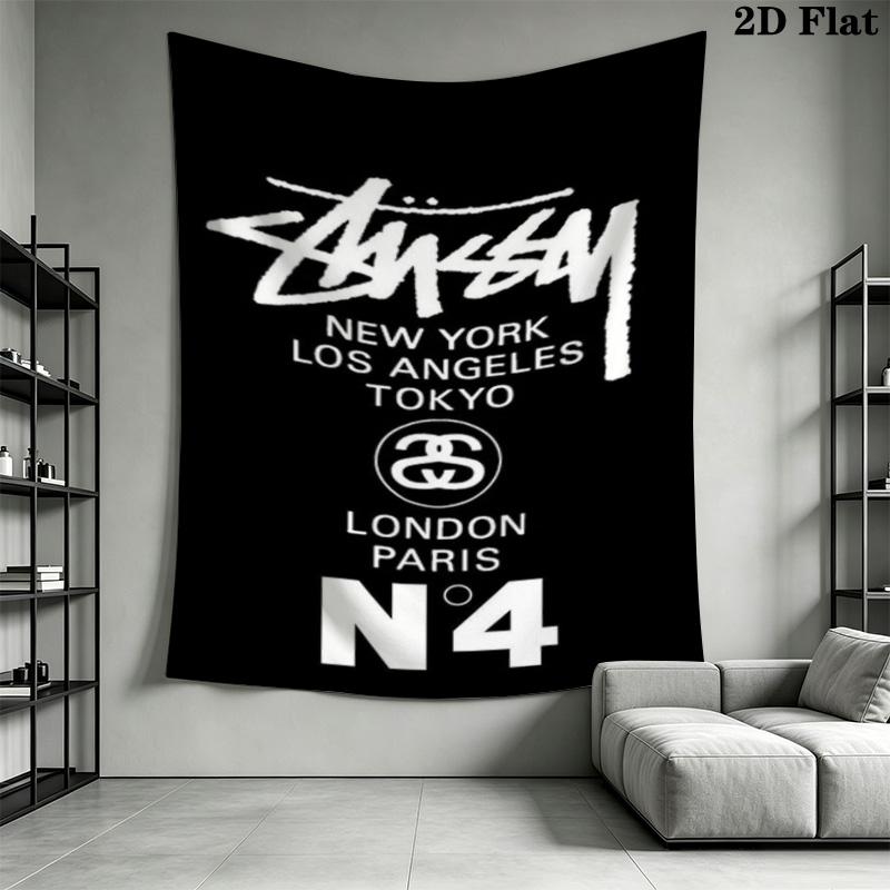 City List Text Tapestry, Black Background Street Brand Logo No.4 Wall Hanging Decor