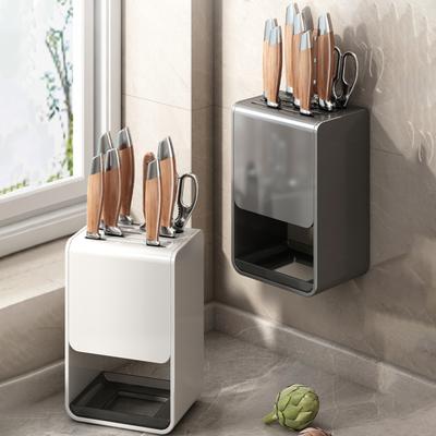 Wall-Mounted Countertop Knife Holder with Drip Tray Space-Saving Carbon Steel Plastic Rack for Kitchen Knives No-Drill Installation Anti-Slip Kitchen