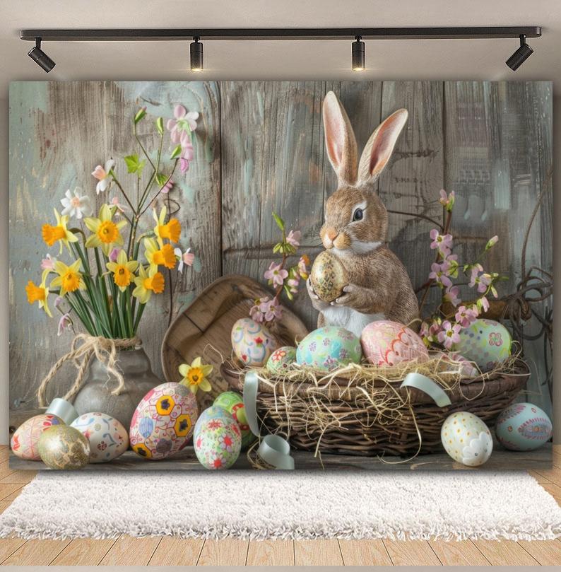 Spring Easter Photography Backdrop Wood Board Flowers Rabbits Eggs Kids Birthday Baby Shower Spring Party Decor Photo Background