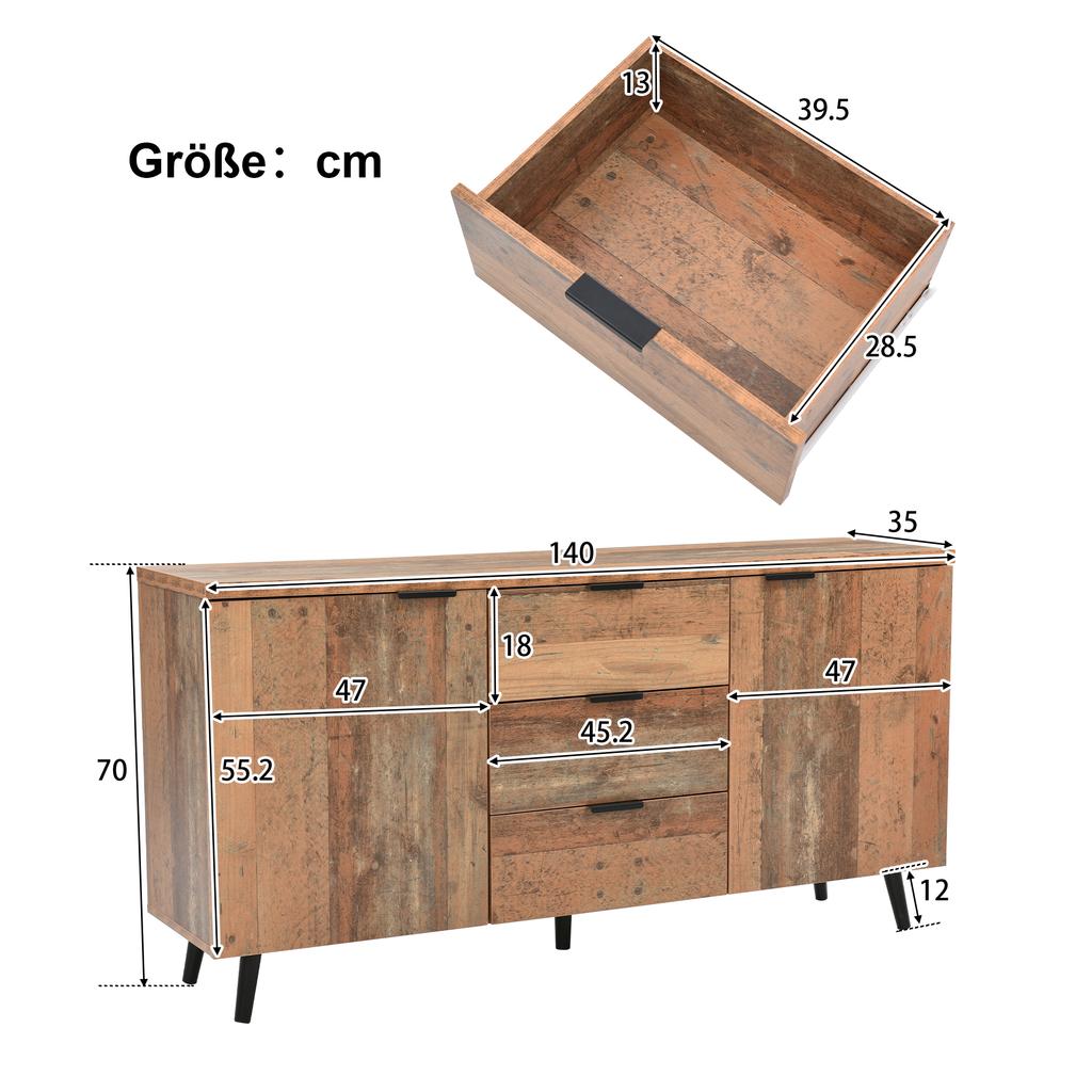 Sideboard TV Cabinet with Adjustable Shelves, Storage Cabinet, Three Drawers, for Living Room, Dining Room, Bedroom, Vintage, Brown, 140cm