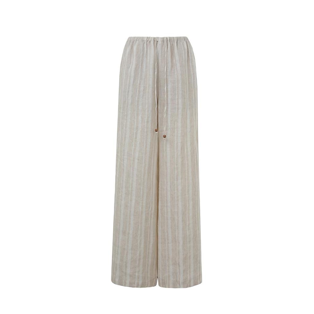 Women's Striped Wide-Leg Linen Pants - Summer Casual Style with Elastic Waist