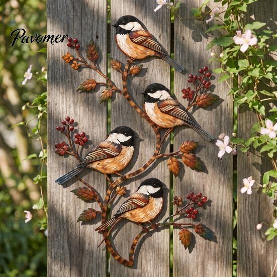 Weather Resistant Metal Decor Bird Wall Decor, Red & Chickadee Sculpture with Branches and Decorative Accents for Balcony Berries, 2D Iron Art Hanging
