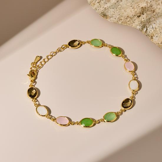 

Браслет в корейском стиле с золотым покрытием, текстурированный, с кристаллами и нефритом