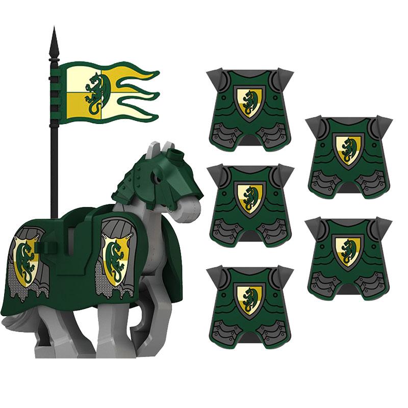 MOC Medieval Red Lion Black Eagle Castle Soldier Knight Horse Mount Building Block Military Figure Vest Armor Flag Toy Gift B036