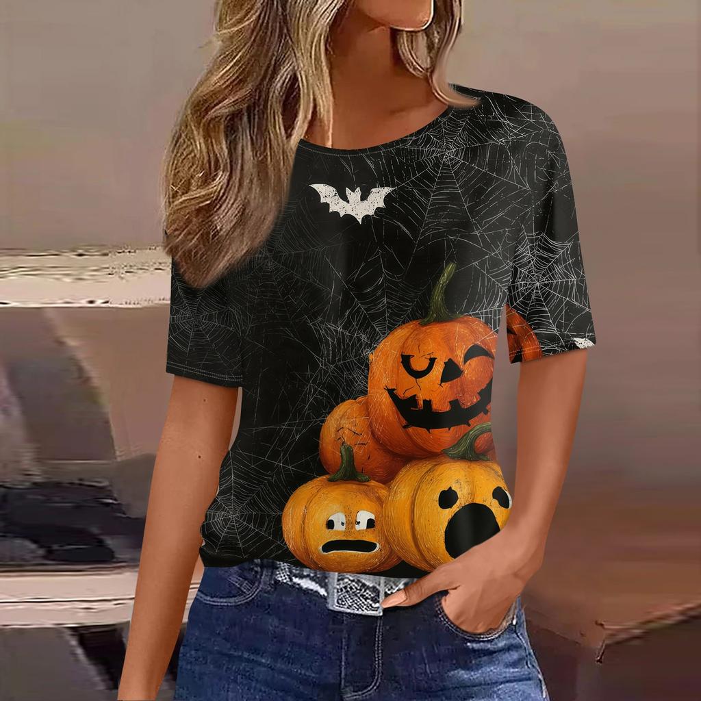 Women's Short Sleeve Halloween and Pumpkin Print T-Shirt, Casual Round Neck Pullover Top for Women