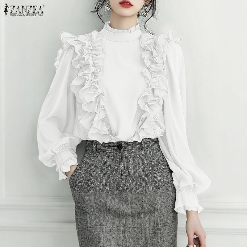 ZANZEA Blouse Décontractée Femme Col Montant Manches Longues Volants Épissure Ample