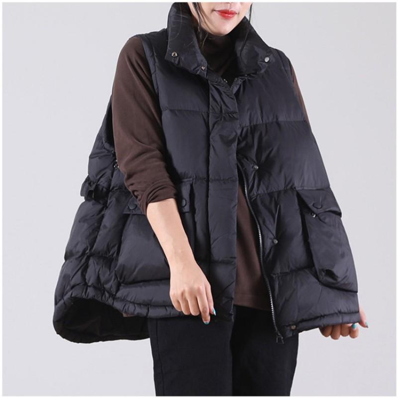 Womens Lightweight Duck Down Vest With Ruffled Hem Large Pockets Warm Fall Winter Sleeveless Jacket