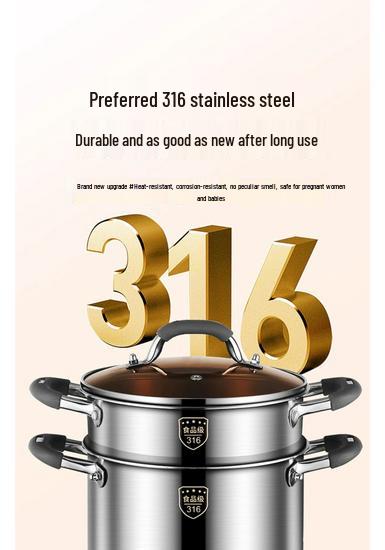 Extra-High 316L Stainless Steel Steamer Pot, Rivet-Free, Anti-Scald, Large Capacity for Porridge/Soup