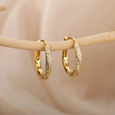 Cubic Zirconic Oval Hoop Earrings For Women Vintage Gold Color Stainless Steel Earrings Anti-allergy Jewelry Gift Accessories