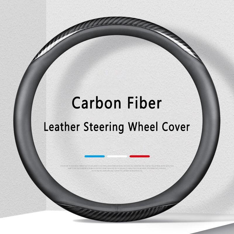 For Chevrolet 15" Carbon Fiber Car Steering Wheel Cover Black Genuine Leather