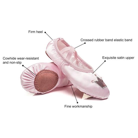 1 Pair Girls Ballet Shoes Soft Sequin Crown Pattern Anti-skid Bottom Elastic Band Faux Silk Toddler Big Kid Children
