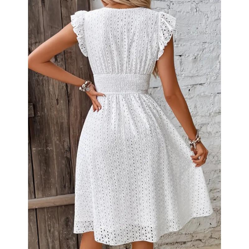 Rochie Elegantă Subțire cu Mâneci Volanate, Decolteu V, Dantelă, Femei, Talie Subțire, Casual, Decupată, Largă, Petrecere, A-line, Îmbrăcăminte Dulce pentru Femei