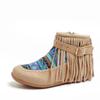 Nowe damskie botki w stylu boho etniczne z frędzlami i chwostami, buty ze sztucznej skóry zamszowej, klamra z nitami, nadruk plemienny, zamek błyskawiczny z boku, płaskie krótkie buty