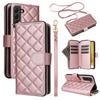 For Samsung Galaxy S22+ 5G Case Rhombus Zipper Pocket Leather Phone Cover with Straps