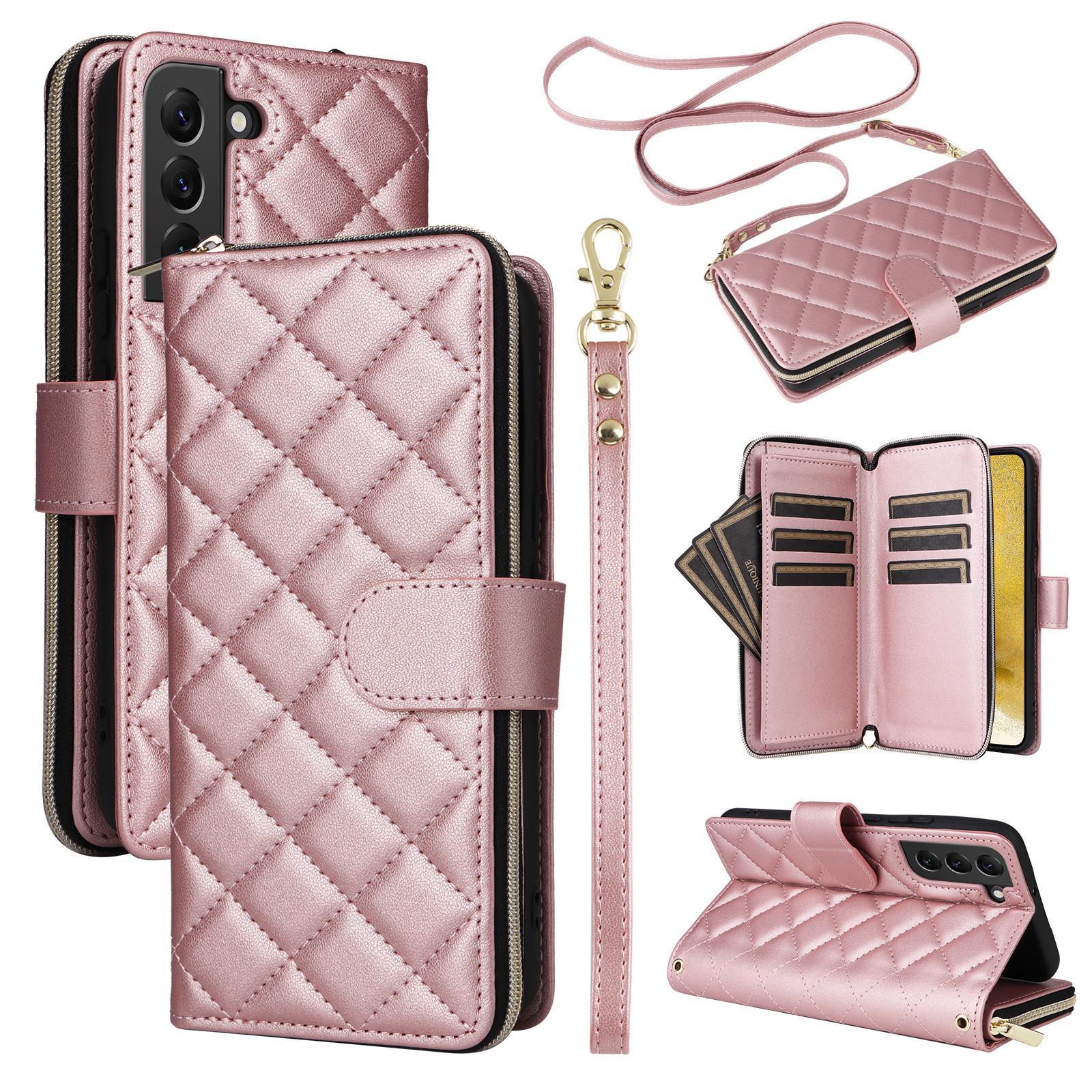 

For Samsung Galaxy S22+ 5G Case Rhombus Zipper Pocket Leather Phone Cover with Straps Rose Gold