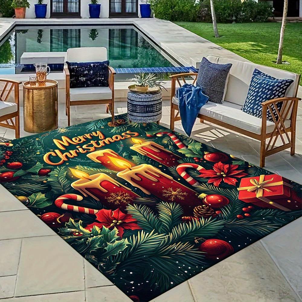 1pc Christmas Themed Rug, Merry Christmas Candles Candies and Gifts Print, Bedside Carpet, Non slip Laundry Room Mat, Machine Washable Water