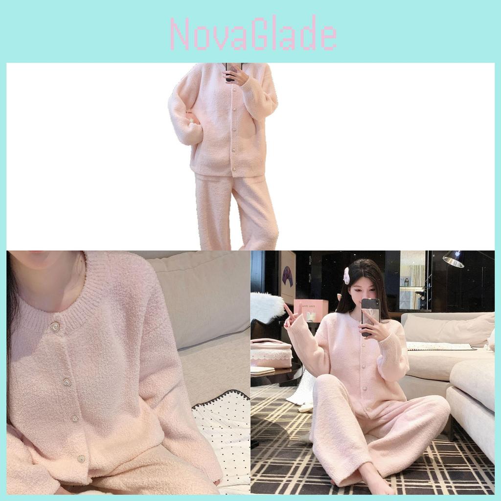 Cozy Plush Lounge Set With Pearl Buttons For Winter Comfort Homewear For Young Women