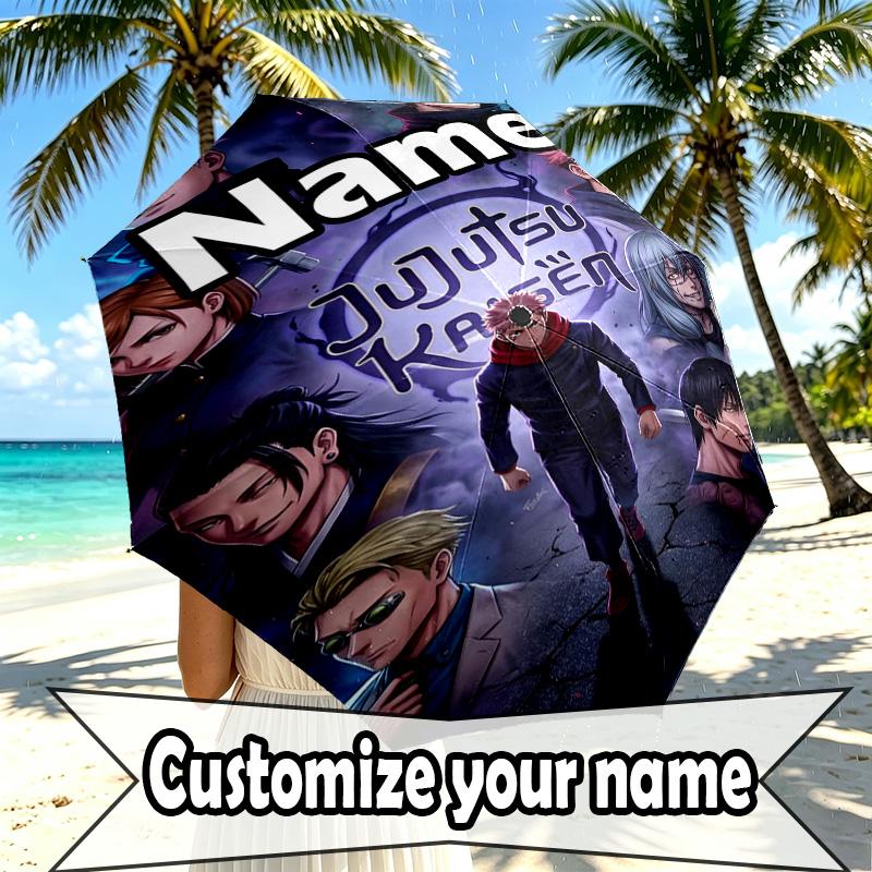 Custom Name Personalized Jujutsu Kaisen Print Umbrella, Auto Open Close, 8‑Rib Sturdy Frame, Commute Camping Hiking Use, Birthday Gift