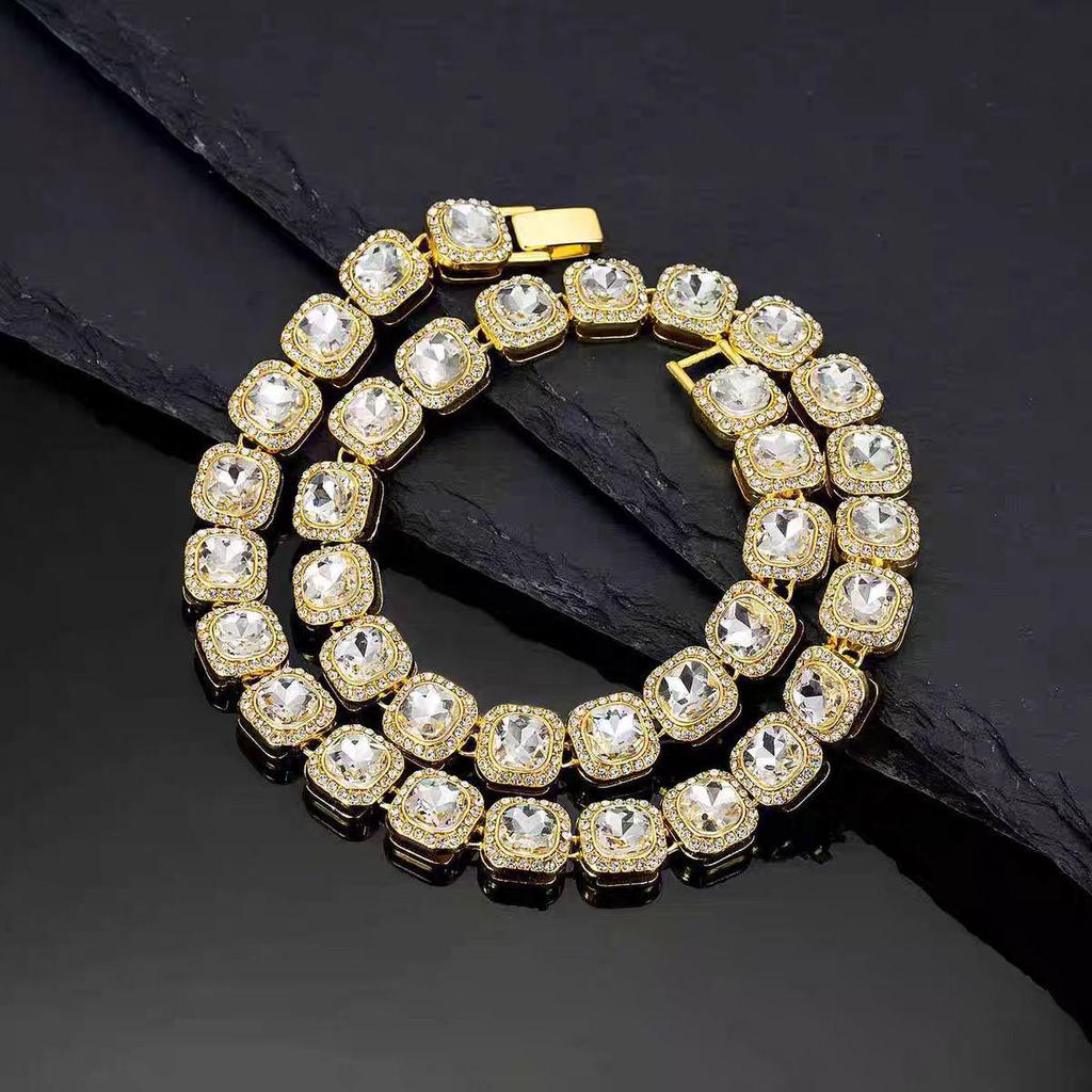 New Men's Square Glass Cuban Chain Bracelet & Necklace - Hip-Hop Style Cross-Border Alloy Accessories