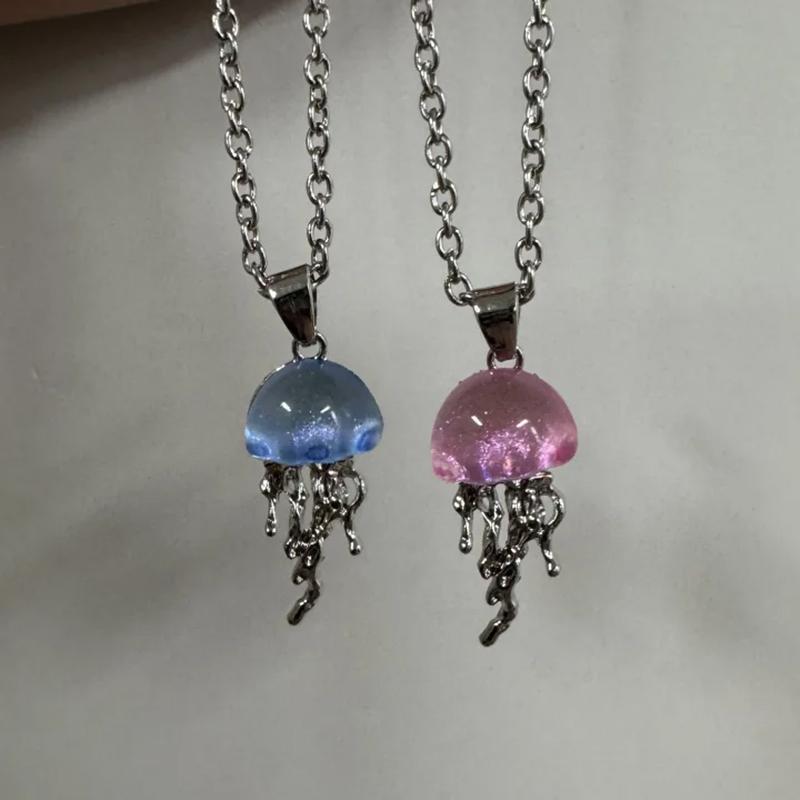 Dreamy Blue Pink Jellyfish Pendent Necklace For Women Vintage Couple Elegant Long Tassels Charms Necklace Simple Jewelry