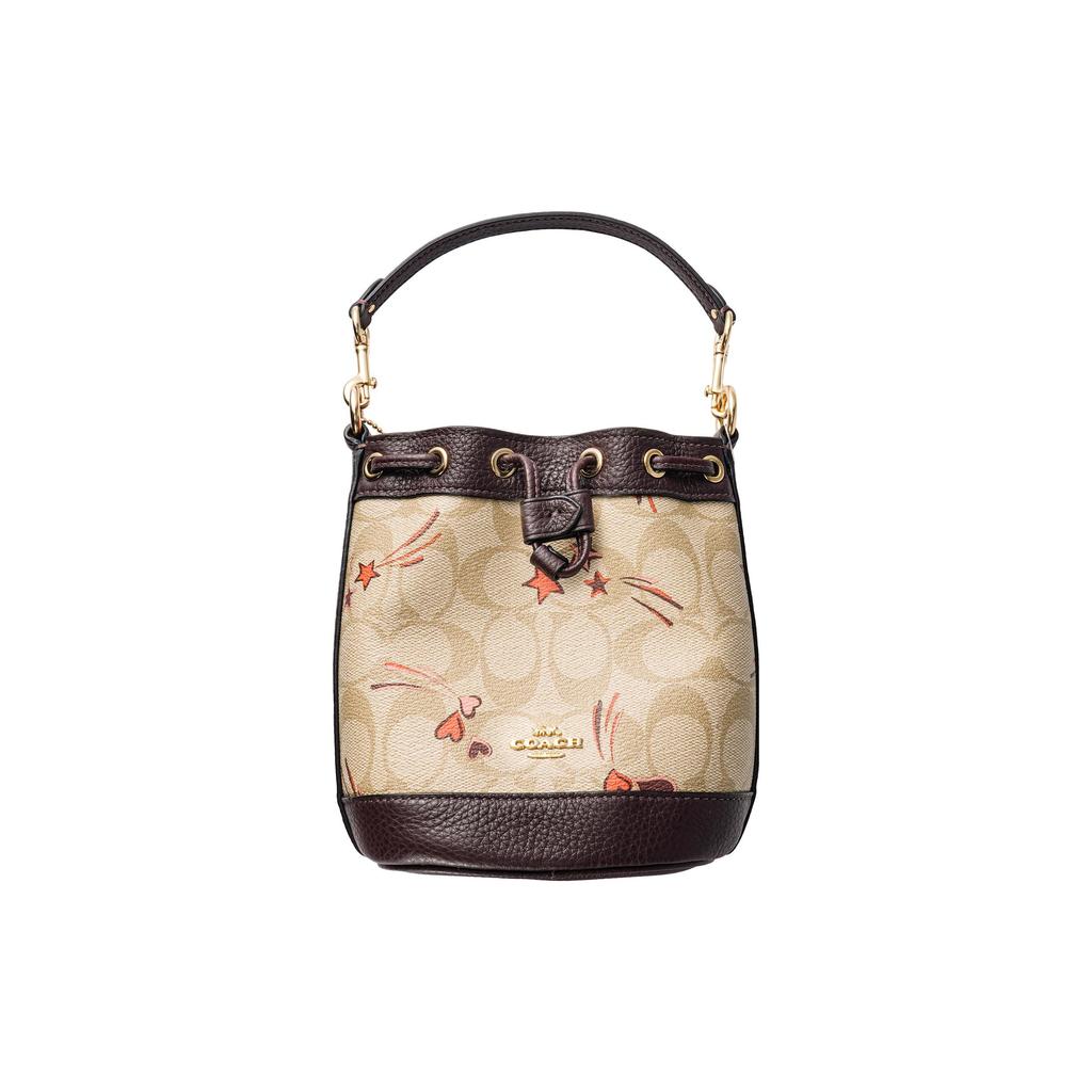Coach Bucket 16 Letter Logo Heart Print Drawstring Classic Jacquard Leather Bucket Bag Women Bags Beige Dark-Brown CK524-IMOT4
