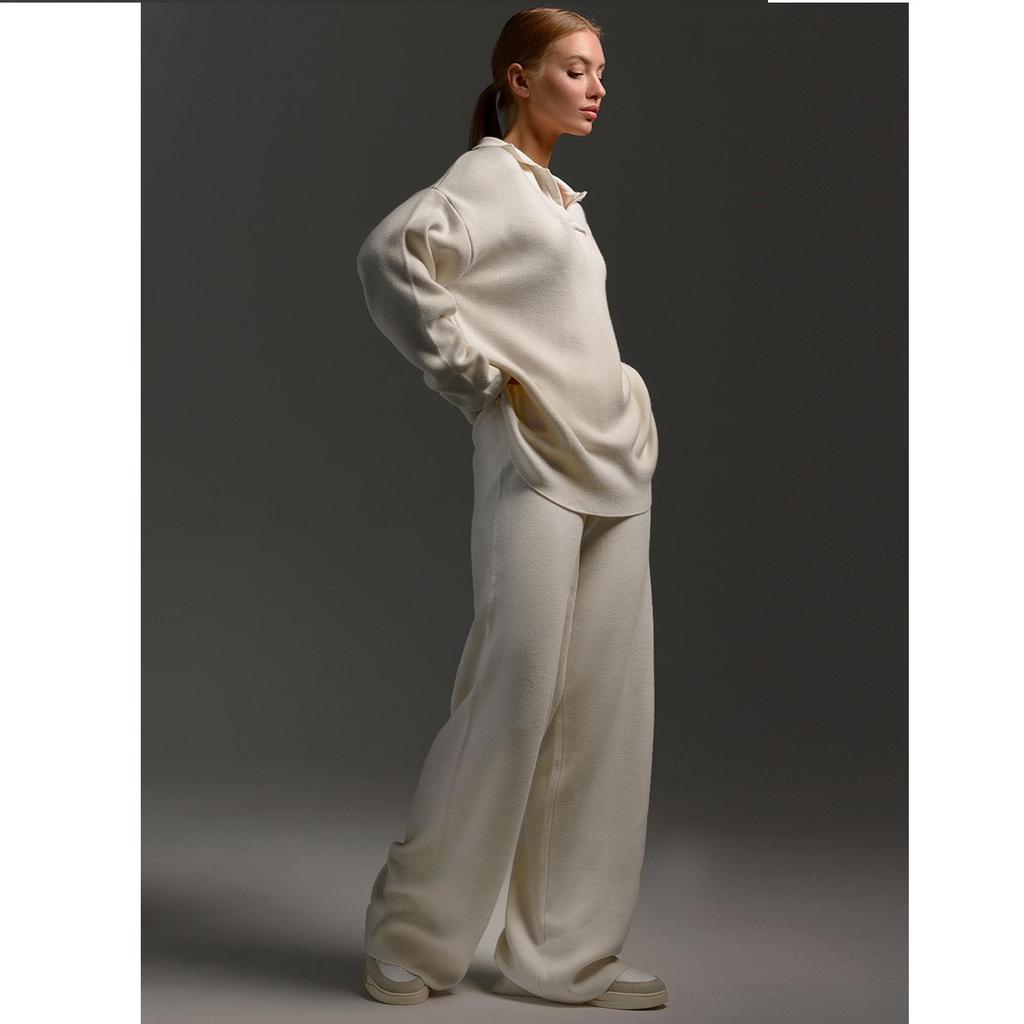 Solid Color Lapel Sweater Set Knit Sweater+straight Leg Wide Leg Pants Two-piece Set High Neck