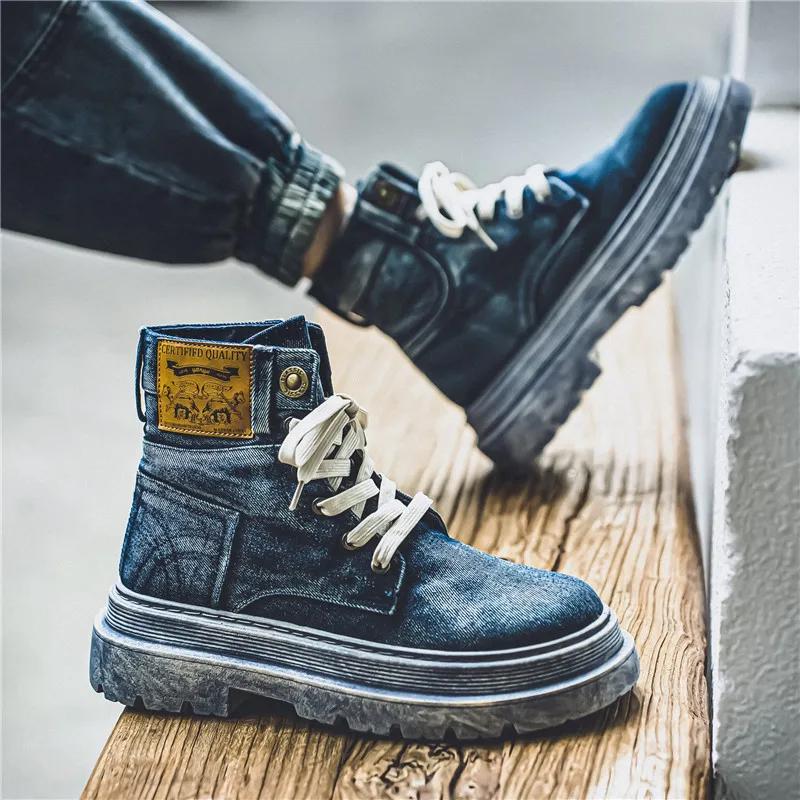 Vintage Blaue Cowboy-Stiefel Für Herren Trendige Street Herren Plateau-Stiefel Winter Bequeme Tooling Stiefeletten Mann Botas Masculino