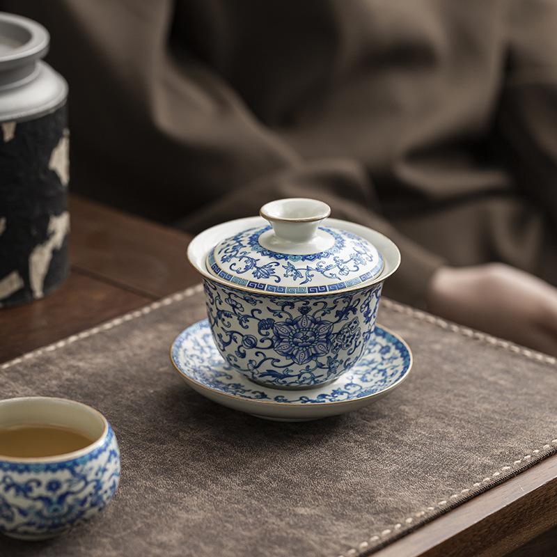 Ru Kiln Twined Branch Lotus Sancai Cover Bowl Chinese High-end Ceramic Tea Bowl Kung Fu Tea Set Cover Bowl Cup Single Tea Ware