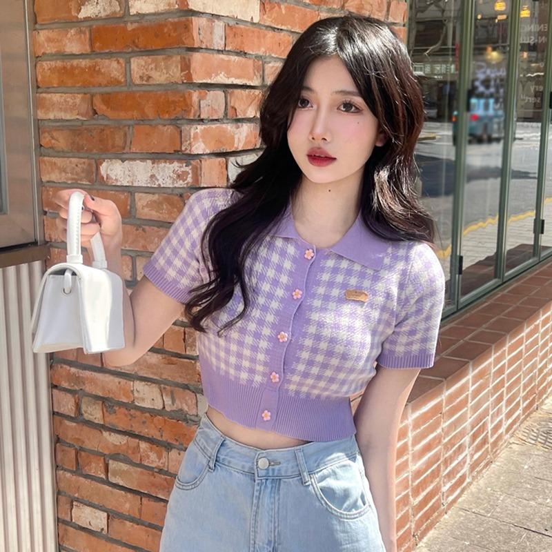 

Однобортные маленькие женские короткие рукава Кардиган Сладкие трикотажные клетчатые топы