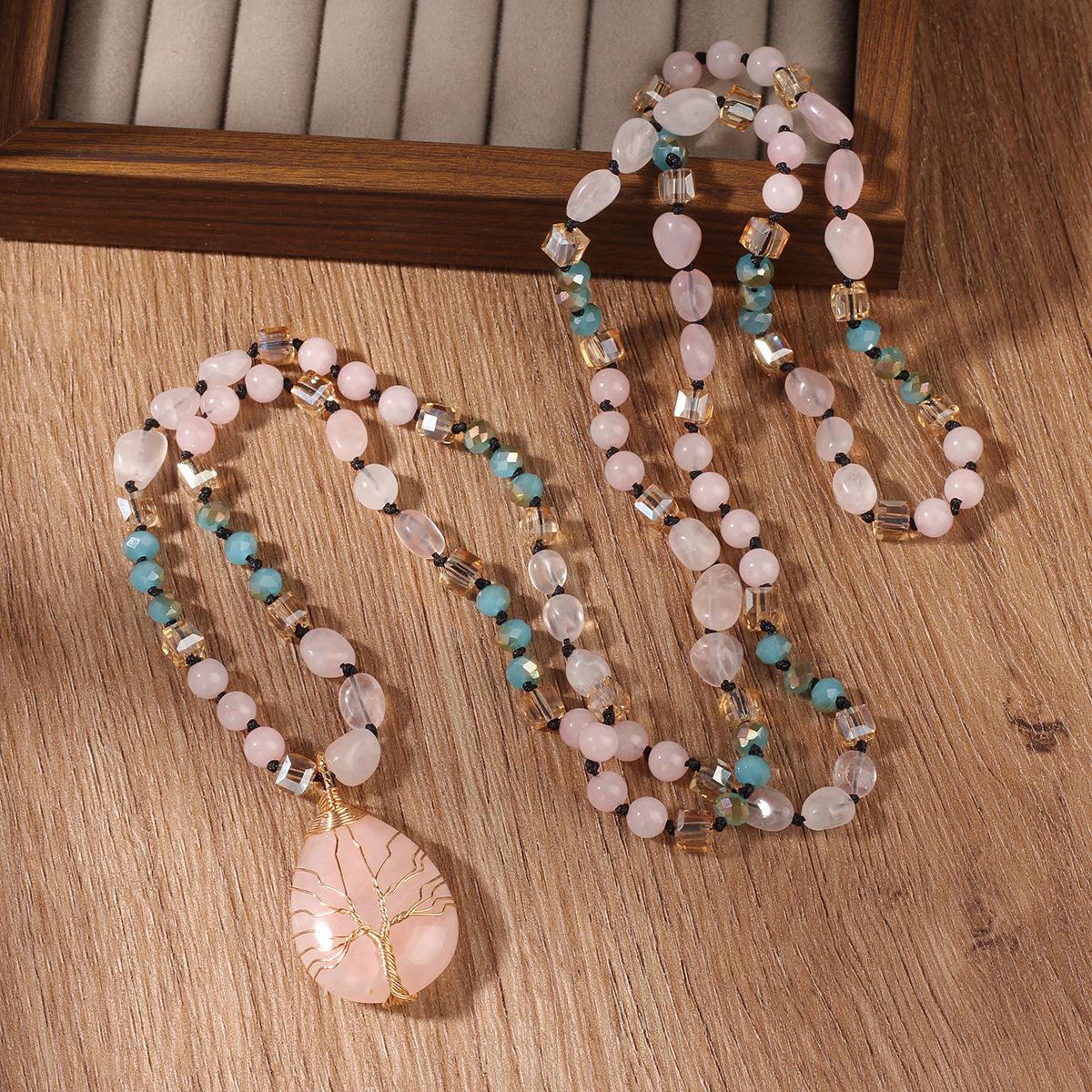 

Long Sweater Chain Women S Pink Crystal Stone Cut Surface Artificial Crystal Necklace Copper Wire Wrapped Powder Crystal Pendant Necklace