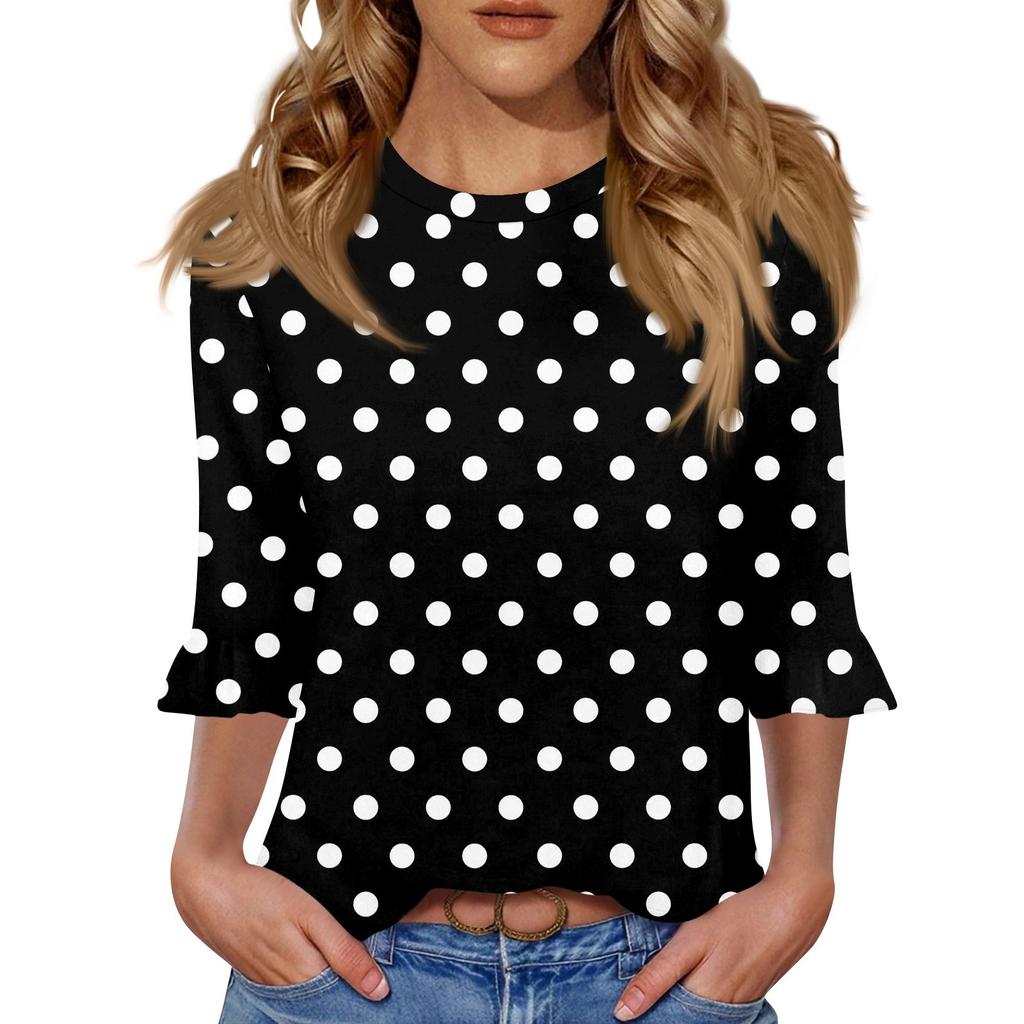 Women's Casual 3/4 Sleeve Top Summer O-neck Puffy Sleeve T-shirt Top