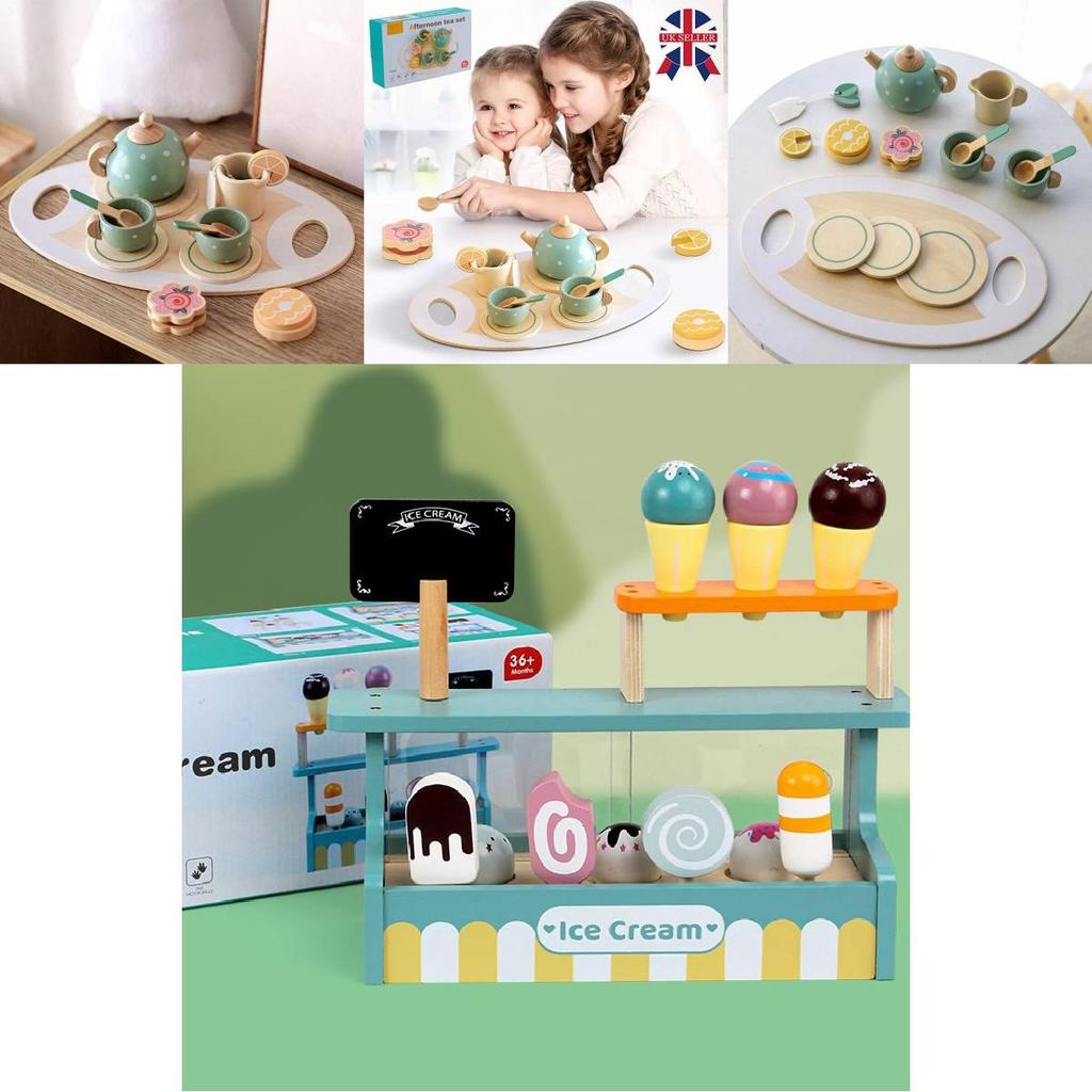 Colorful Wooden Ice Cream Shop Pretend Play Set For Kids With Realistic Tea Set Features