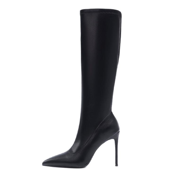 2025 Autumn Black Leather High Heel Over-the-Knee Pointed Toe Boots with Zipper