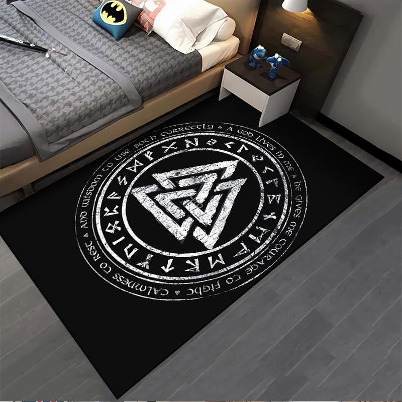 Viking Valknut Symbol Carpet with Runes, Black Nordic Decor Rug Suitable for use as an anti-slip for living room bedroom sofas