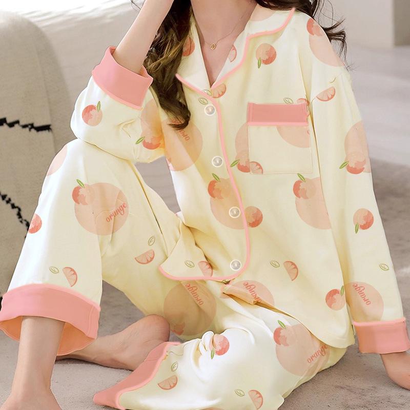 French Floral Faux Cotton Women's Pajama Set - Spring/Autumn Long Sleeve & Pants, Loose Cardigan Style for Middle-aged Women.