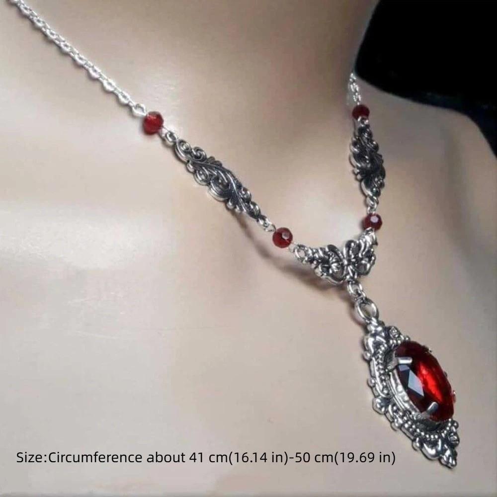 Retro Red Quartz Gothic Necklace Oval Pendant Red Beads Vintage Choker Embossed Pattern Charm Necklace Gifts