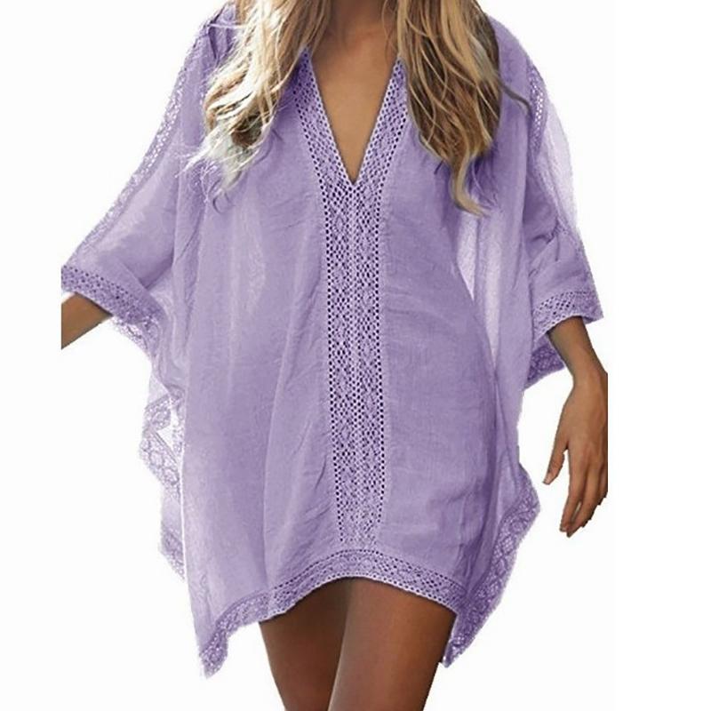 Frauen Urlaub Strand V-ausschnitt Casual Bluse Einfarbig Spitze Lose Sommer Sonnenschutz Shirt Badeanzug